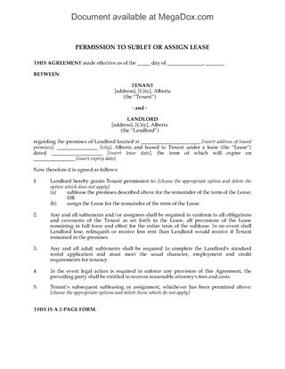 Picture of Alberta Landlord Permission to Sublet or Assign Lease
