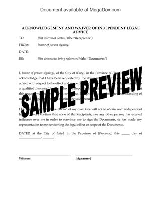 Picture of Acknowledgement and Waiver of Independent Legal Advice | Canada