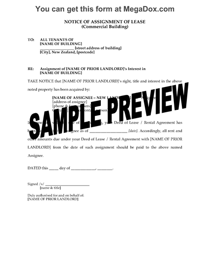 Picture of Notice to Tenants of Assignment of Commercial Lease | New Zealand