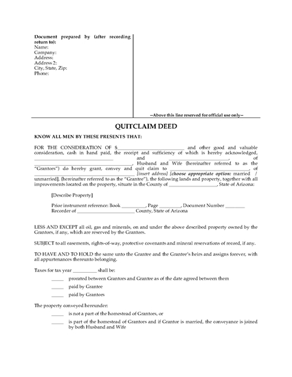 Picture of Arizona Quitclaim Deed from Husband and Wife to Individual