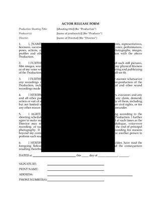 Picture of Performer Release and Consent Form (Film or TV)