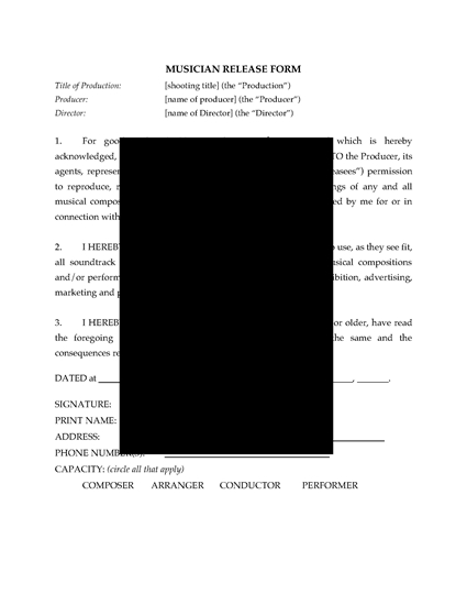 Picture of Musician Release Form for Film or TV