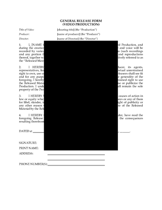 Picture of Performer Release and Consent Form for Music Video