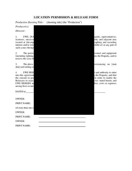 Picture of Location Permission and Release Form for Film or TV