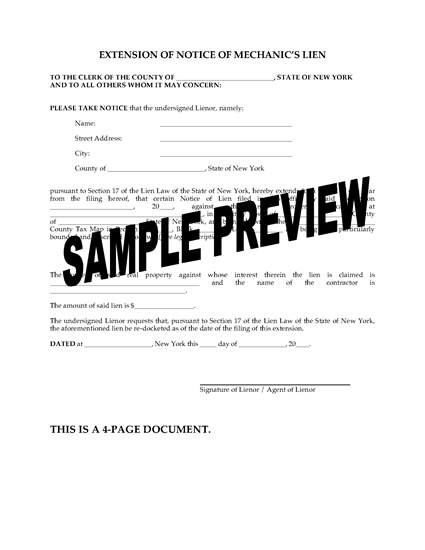 Picture of New York Extension of Notice of Mechanic's Lien