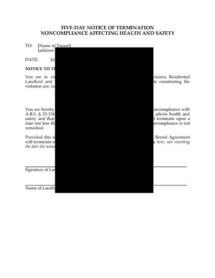Picture of Arizona 5 Day Notice of Termination for Noncompliance Affecting Health and Safety