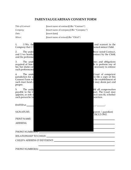 Picture of Consent of Parent or Guardian for Minor to Enter into Contract