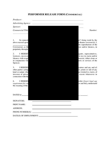 Picture of Performer Release Form (TV Commercial)
