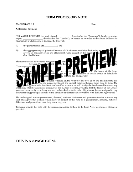 Picture of Promissory Note for Multiple Advances | Canada