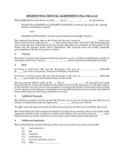 Picture of New Mexico Rental Agreement for Residential Premises