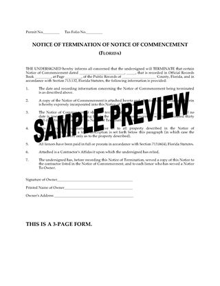 Picture of Florida Notice of Termination of Notice of Commencement