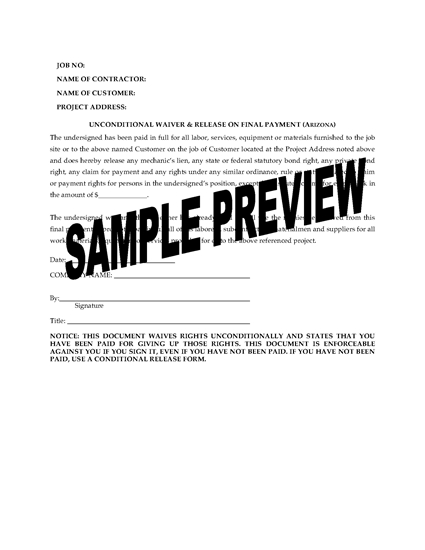 Picture of Arizona Lien Waiver and Release Forms Package