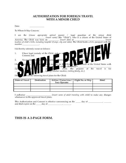 Picture of USA Parental Authorization for Foreign Travel with Minor