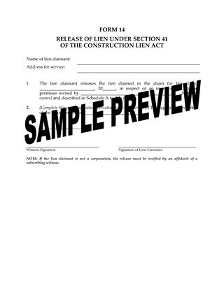 Picture of Ontario Release of Lien under Section 41 of Construction Lien Act