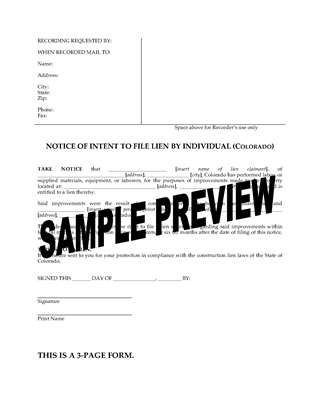Picture of Colorado Notice of Intent to File Lien - Individual