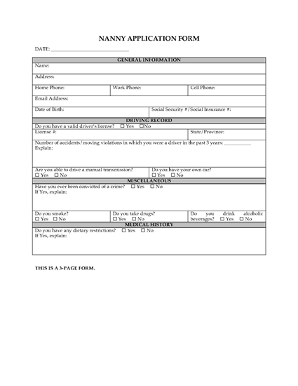 Picture of Nanny Employment Application Form