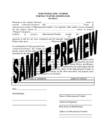 Picture of Florida Subcontractor / Vendor Lien Waiver and Release Forms