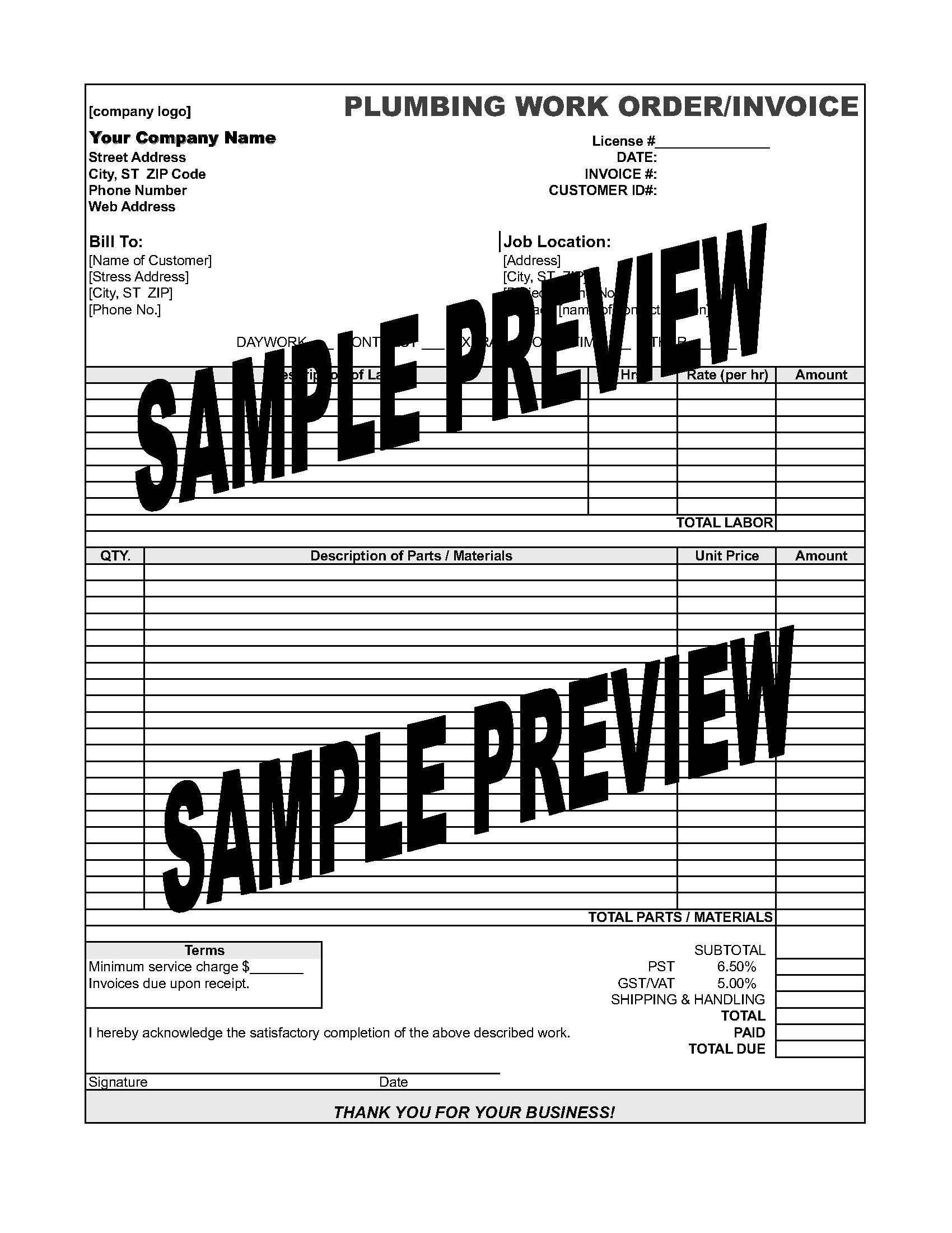 Plumbing Work Order / Invoice Legal Forms and Business Templates
