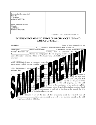 Picture of California Extension of Time to Enforce Mechanics Lien and Notice of Credit