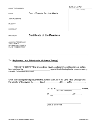 Picture of Alberta Certificate of Lis Pendens under Builders Lien Act