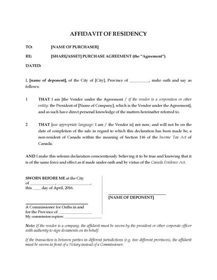Picture of Affidavit of Residency for Sale of Business | Canada