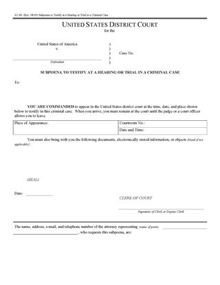Picture of Subpoena to Testify at Hearing or Trial | USA