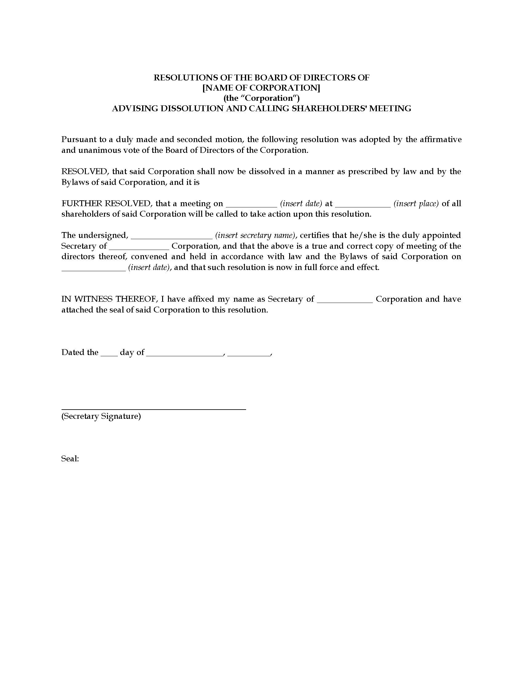 Resolution To Dissolve Corporation Template