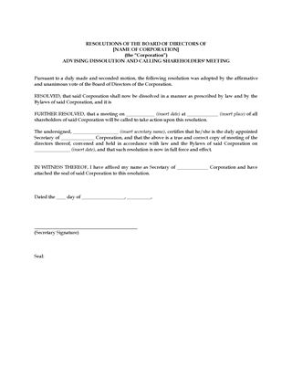 Picture of Directors Resolution Advising Dissolution of Corporation | Canada