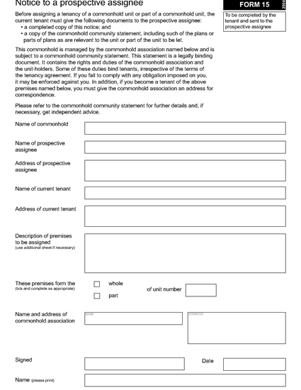Picture of Notice to a Prospective Assignee for Commonhold Unit | UK