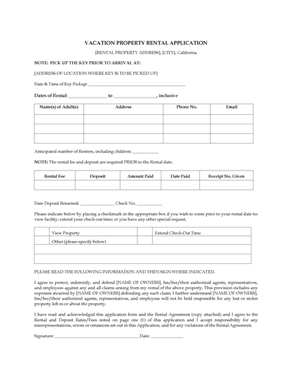 Picture of California Vacation Property Rental Application Form
