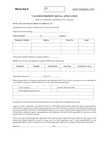 Picture of Nebraska Vacation Property Rental Application