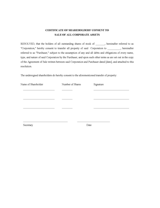 Picture of Certificate of Shareholder Consent to Sale of Assets