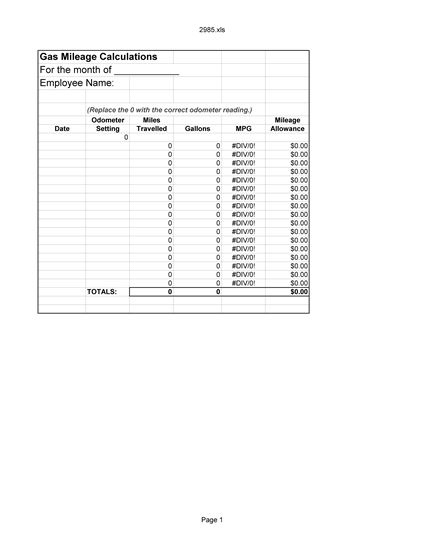 Picture of Gas Mileage Calculation Spreadsheet