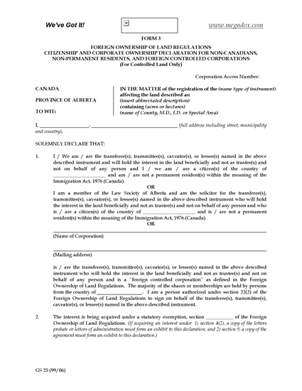 Picture of Alberta Foreign Ownership Declaration Form 3