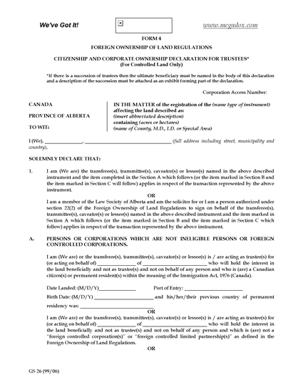 Picture of Alberta Foreign Ownership Declaration Form 4 (Trustees)