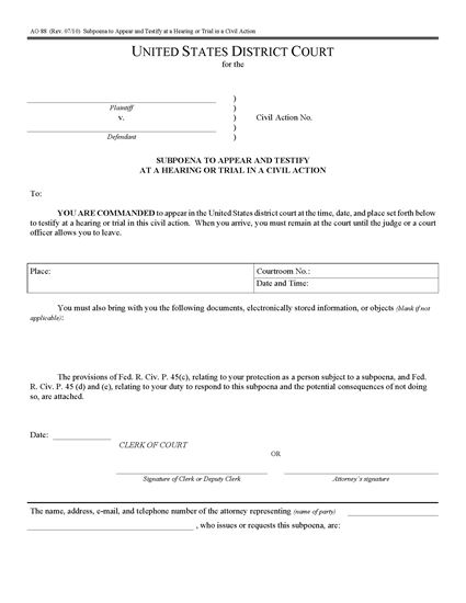 Picture of Subpoena to Appear in Civil Action (USA)