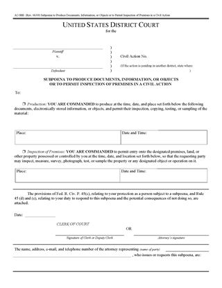 Picture of Subpoena to Produce Documents or Permit Inspection in Civil Action (USA)