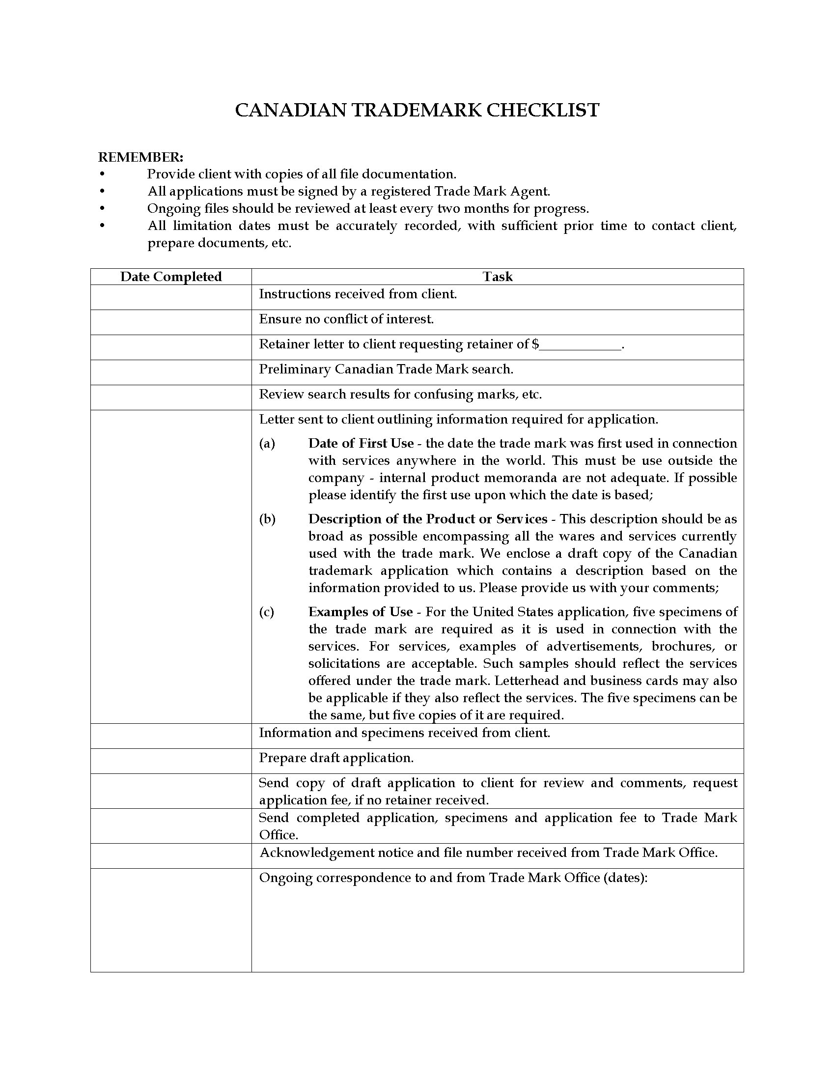 Canada Trade Mark Application Checklist Form | Legal Forms and Business  Templates 