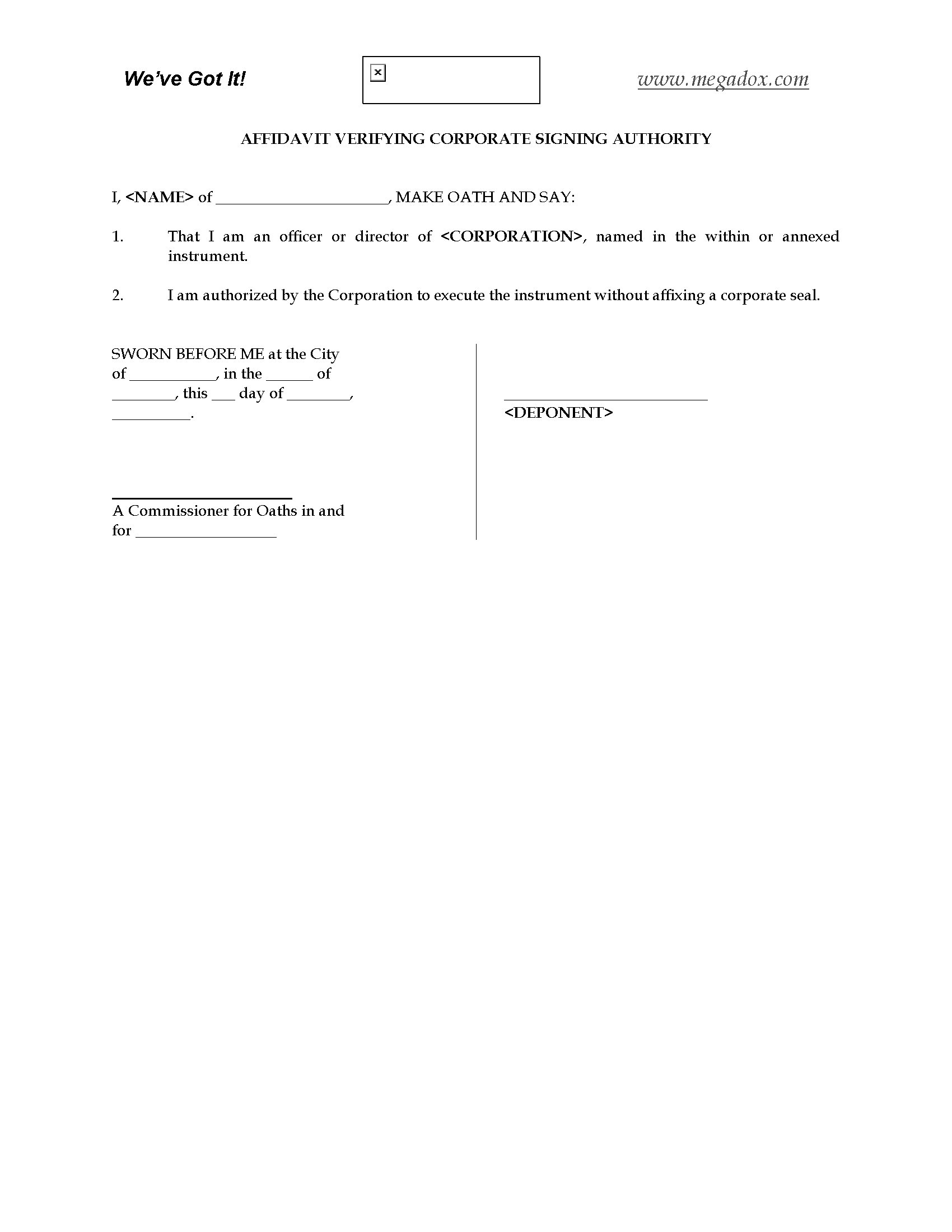 Canada Affidavit of Corporate Signing Authority Legal Forms and