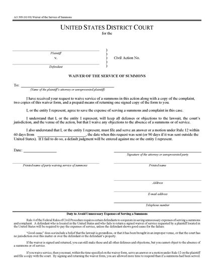 Picture of Waiver of Service of Summons (USA)