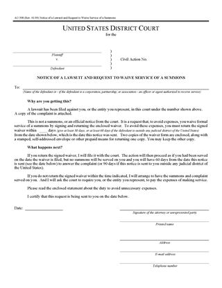 Picture of Notice of Lawsuit and Request to Waive Service of Summons (USA)