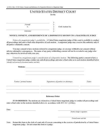 Picture of Notice, Consent and Reference of Dispositive Motion to Magistrate Judge (USA)