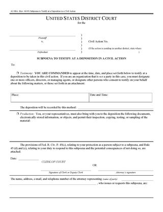 Picture of Subpoena to Testify at Deposition in Civil Action (USA)