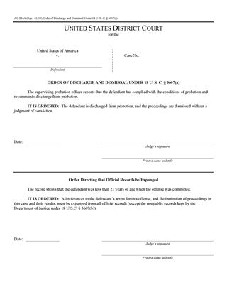 Picture of Order of Discharge and Dismissal under 18 USC s.3607a (USA)