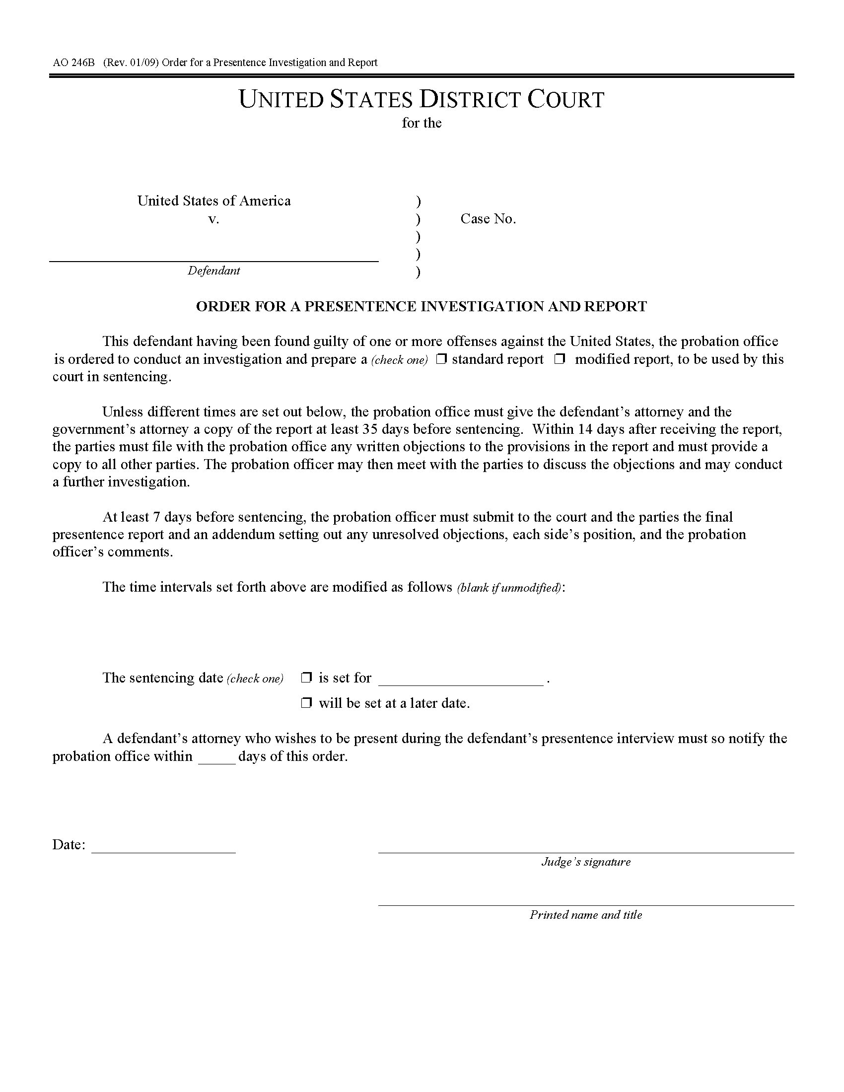 USA Order for Presentence Investigation and Report Form AO20B Within Presentence Investigation Report Template