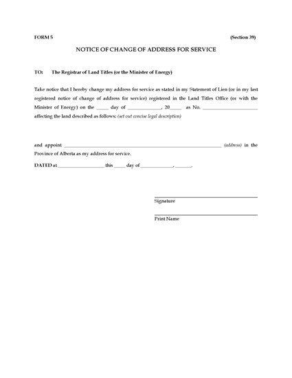 Picture of Alberta Notice of Change of Address for Service