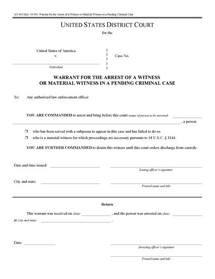 Picture of Arrest Warrant for Witness in Pending Criminal Case (USA)