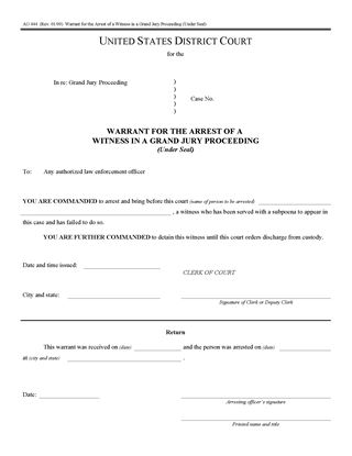 Picture of Arrest Warrant for Witness in Grand Jury Proceeding (USA)