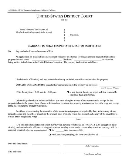 Picture of Warrant to Seize Property Subject to Forfeiture (USA)