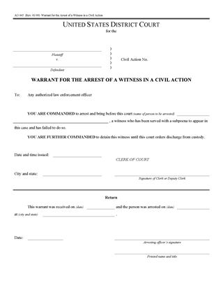 Picture of Arrest Warrant for Witness in Civil Action (USA)